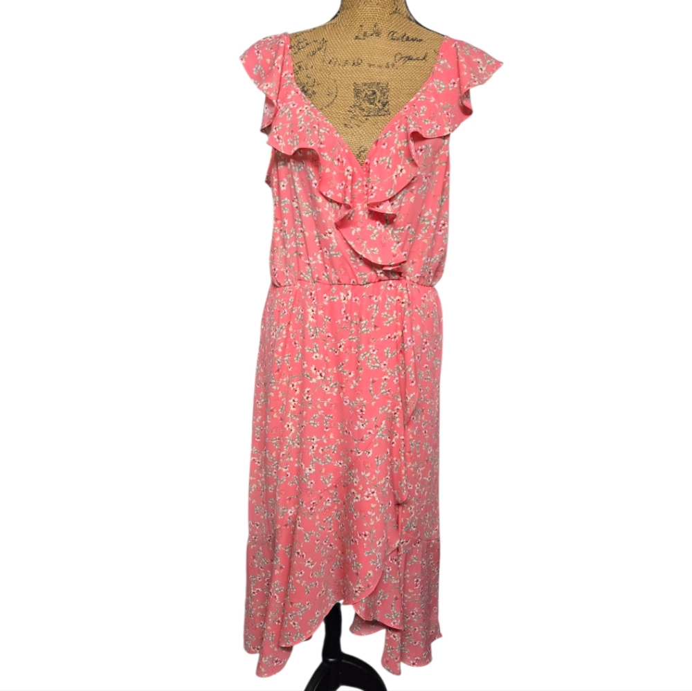 Socialite Floral Print Sleeveless Ruffle V-Neck Faux Wrap Midi Dress Sz X-Large